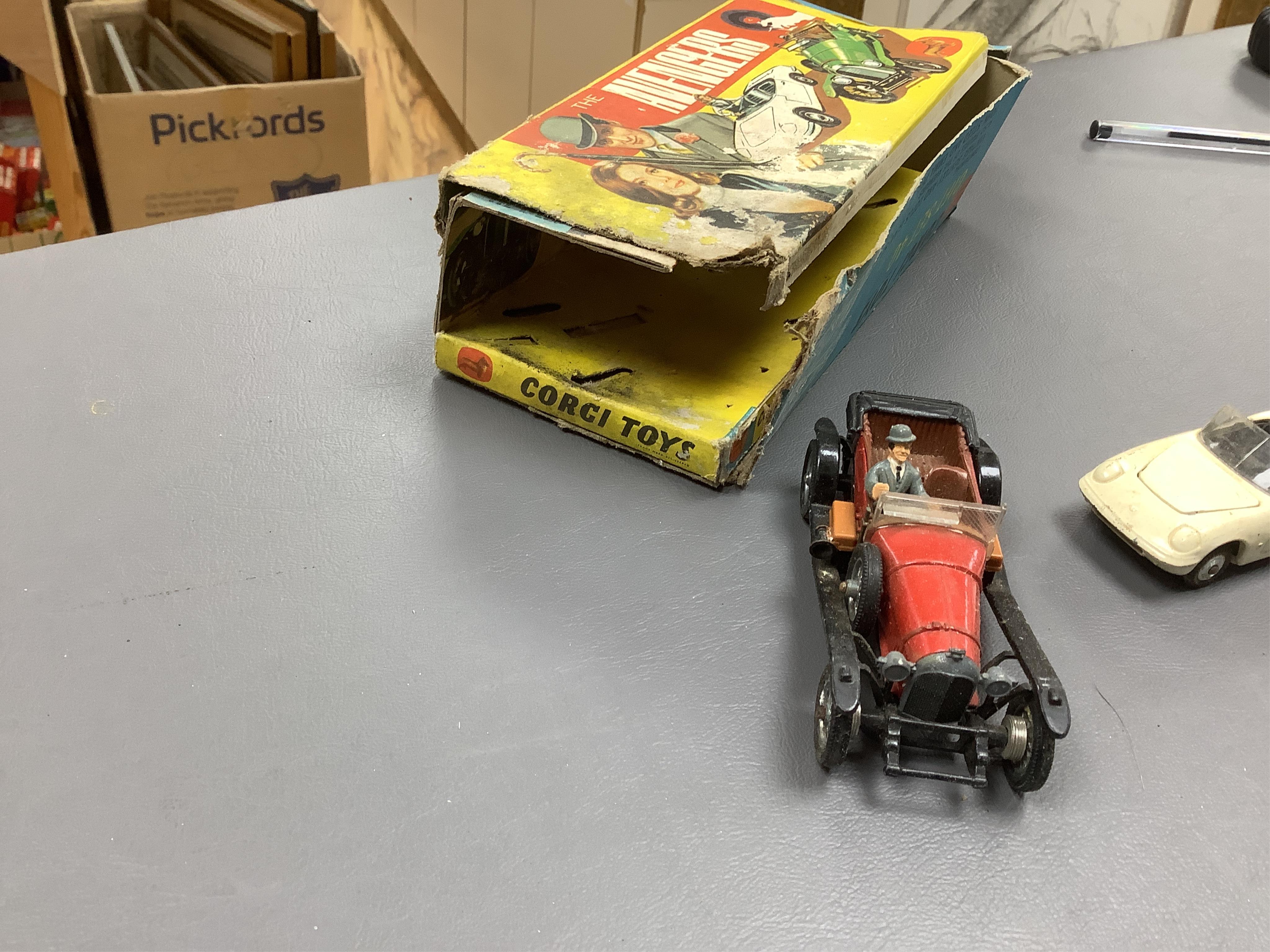 Seven boxed television related Corgi Toys; James Bond 007 Toyota 2000 GT (336), The Green Hornet’s Black Beauty (268), The Saint’s Volvo P1800 (258), The Man From Uncle Thrush-Buster (497) with inner display stand and Wa
